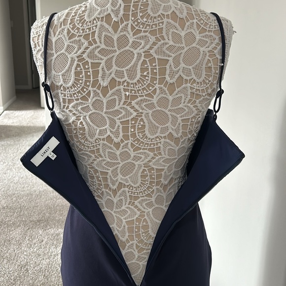 LIKELY - NWOT Steph Ruched Satin & Crepe Midi-Dress in Navy - Picture 8 of 10